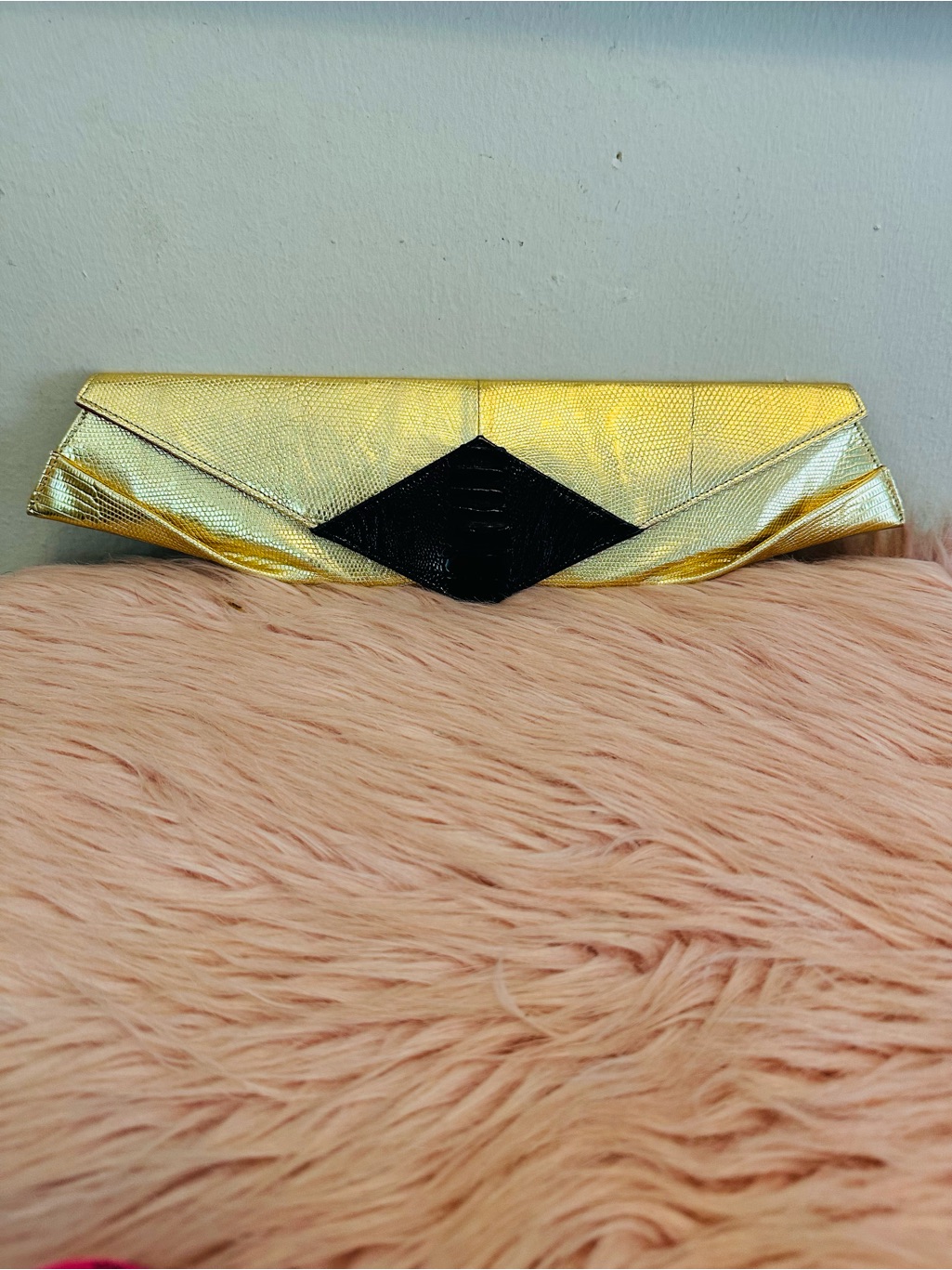 Gold Envelope Clutch With Black Diamond Accent